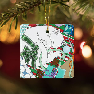 Ornement En Céramique Papier Cadeau de Noël Chat Blanc Endormi