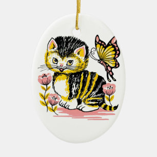 Ornement En Céramique Papillon & Chaton