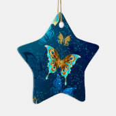 Ornement En Céramique Papillons d'or sur un Arrière - plan bleu (Droite)