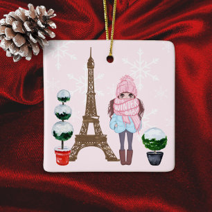 Ornement En Céramique Paris Tour Eiffel Joli Fille Chic Rose Noël
