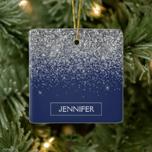 Ornement En Céramique Parties scintillant Monogram Navy Blue Silver Glam