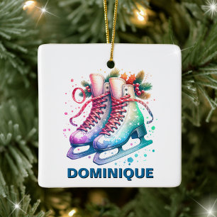 Ornement En Céramique Patins à glace de Noël personnalisés avec un nom
