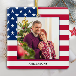Ornement En Céramique Patriotique Noël Custom Photo USA American Flag