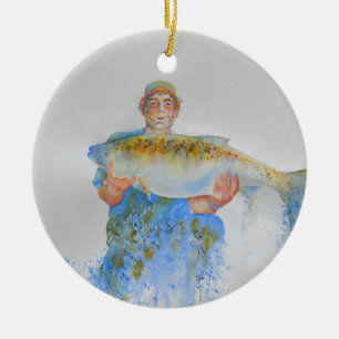 Ornement En Céramique Pêcheur peinture d'aquarelle cadeau de pêche pour