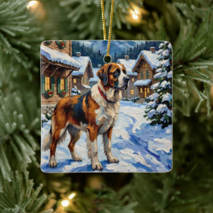 Ornement En Céramique Peinture de Noël alpine vintage de Saint-Bernard