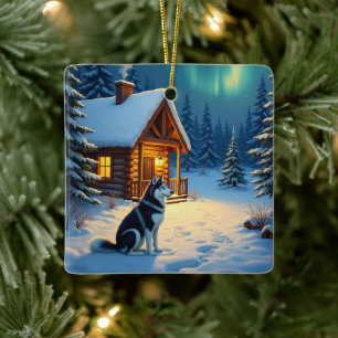Ornement En Céramique Peinture de Noël de cabane enneigée avec Husky sib