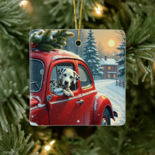 Ornement En Céramique Peinture de Noël : Trajet en voiture enneigée avec