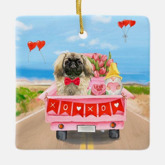 Ornement En Céramique Pekingese Chien Saint Valentin Coeurs de Camion (Devant)