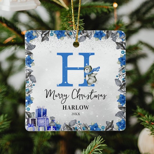 Ornement En Céramique Penguin Nom des enfants Monogramme Noël