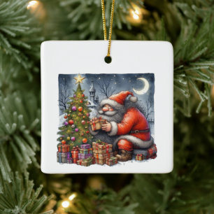 Ornement En Céramique Père Noël à la nuit avec arbre et cadeaux Customis
