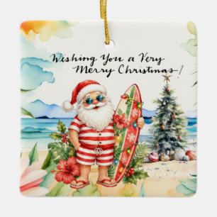 Ornement En Céramique PÈRE NOËL à la plage d'Hawaii pour Noël