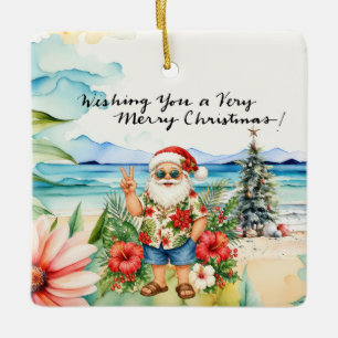 Ornement En Céramique PÈRE NOËL à la plage d'Hawaii pour Noël