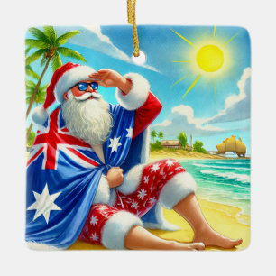 Ornement En Céramique Père Noël australienne personnalisée sur la plage 