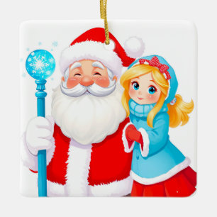Ornement En Céramique Père Noël avec la jeune fille des neiges en tenue