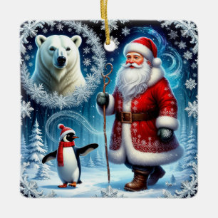 Ornement En Céramique Père Noël avec ours polaire et manchot