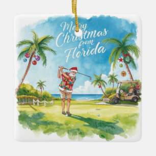 Ornement En Céramique Père Noël de Noël en Floride jouant au golf