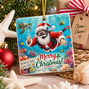 Ornement En Céramique Père Noël de Noël plongée en scaphandre avec tortu