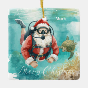 Ornement En Céramique Père Noël de Noël plongée sous-marine avec tortue