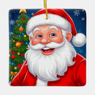 Ornement En Céramique Père Noël de Noël souriant au chapeau rouge