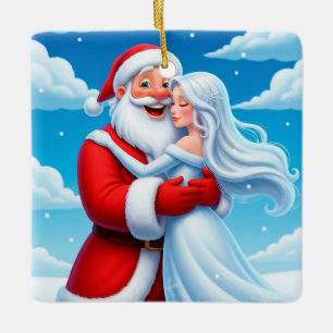 Ornement En Céramique Père Noël embrassant une Reine des Neiges