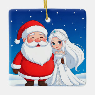 Ornement En Céramique Père Noël embrassant une Reine des Neiges
