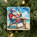 Ornement En Céramique Père Noël et Bloody Marry Funny Snowbirds Noël<br><div class="desc">Ornement de Noël personnalisé. Une illustration d'aquarelle de Père Noël assis sur la plage buvant un Bloody Mary.</div>