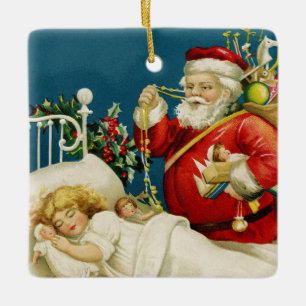 Ornement En Céramique Père Noël et petit Noël de fille de sommeil