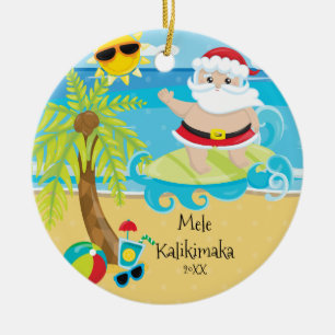 Ornement En Céramique Père Noël surfant sur un palmier Noël hawaïen