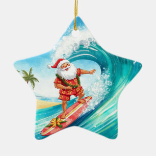 Ornement En Céramique Père Noël surfeur de Noël surfant sur une grosse v