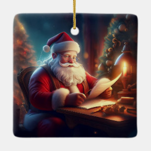 Ornement En Céramique Père Noël vérifiant les lettres de liste de souhai