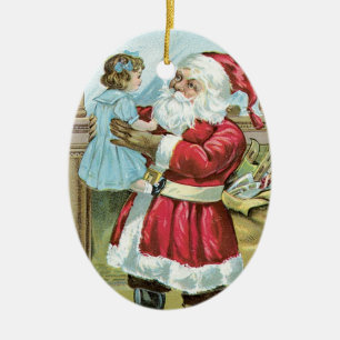 Ornement En Céramique Père Noël vintage avec enfant - ovale