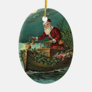 Ornement En Céramique Père Noël vintage dans un bateau