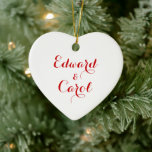 Ornement En Céramique Personalized Ceramic Heart Ornament Custom<br><div class="desc">Personalize this ceramic heart ornament with custom names or other text to make it in extra special vend. You can customize it more by changing the background color, adding initials, changing the font, or adding your own design. You can keep the names on one side and display a photo of...</div>