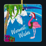 Ornement En Céramique Personalized Cute Santa Flamingo Beach Christmas<br><div class="desc">This Warmest Wishes holiday Christmas tree ornament features palm trees decorated with Christmas lights and a flamingo wearing a Santa hat set against a cool blue and white abstract beach background. It can be personalized with a name, year or any text that you wish to add. Some graphics by artwork&@delightful-doodles.com...</div>