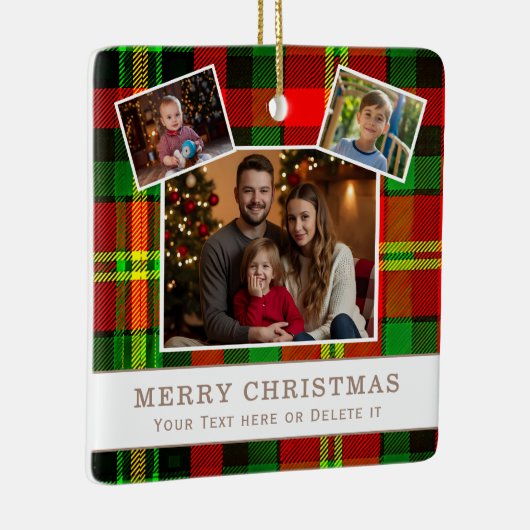 Ornement En Céramique Personalized Family 3 Photo Green Plaid Christmas (Droite)