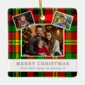 Ornement En Céramique Personalized Family 3 Photo Green Plaid Christmas (Devant)