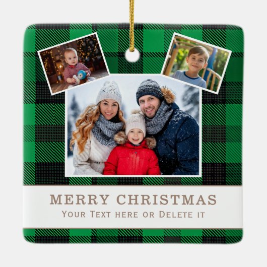 Ornement En Céramique Personalized Family 3 Photo Green Plaid Christmas (Dos)