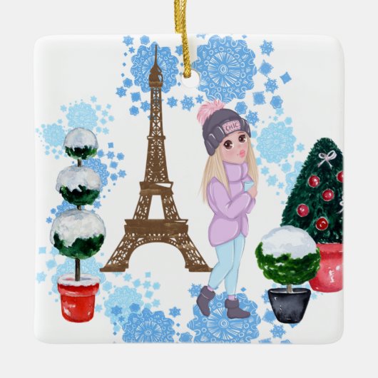 Ornement En Céramique Personalized Girl in Paris Winter Eiffel Tower (Devant)