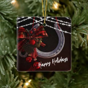 Ornement En Céramique Personalized Happy Holidays Horseshoe Christmas