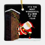 Ornement En Céramique personalized rock climbing gift<br><div class="desc">Creative keepsake for your favorite rock climber,  featuring Santa climbing a chimney. Edit text to add name and the year.</div>