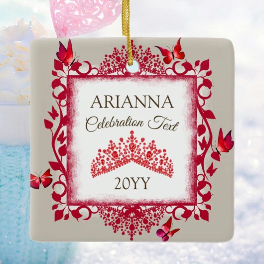 Ornement En Céramique Personalized Ruby Red Tiara & Butterflies