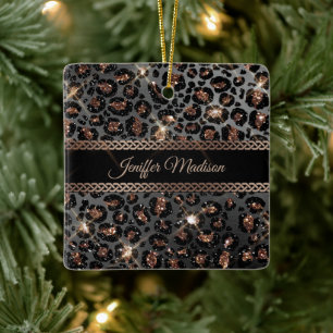 Ornement En Céramique Personalized Trendy Leopard Black Gold Glitter    
