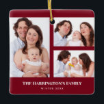 Ornement En Céramique Personnalisé 3 sections Photos de famille Collage<br><div class="desc">Jolie disposition de quatre photos de famille collage divisé en 3 sections avec cadre de portrait rectangle rouge à gauche et deux cadres de paysage rectangle à droite avec textes à l'envers. Personnalisez-le avec vos propres photos et textes. Parfait cadeau fait sur mesure pour vos proches.</div>