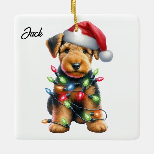 Ornement En Céramique Personnalisé Airedale Terrier Père Noël Noël (Devant)