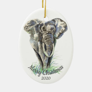 Ornement En Céramique Personnalisé Date de Noël Aquarelle Eléphant