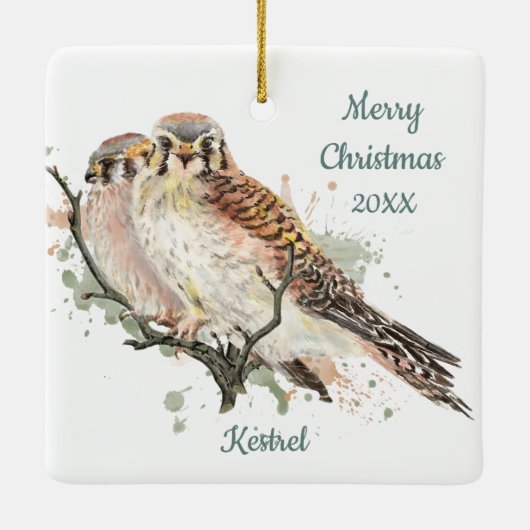 Ornement En Céramique Personnalisé Date Noël Aquarelle Kestrel, Faucon (Dos)