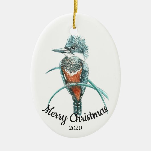 Ornement En Céramique Personnalisé Date Noël Aquarelle Kingfisher Bird (Devant)