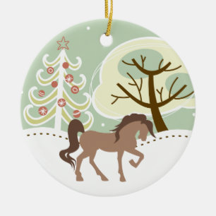 Ornement En Céramique Personnalisé Joli Cheval Brown Hiver neigeux