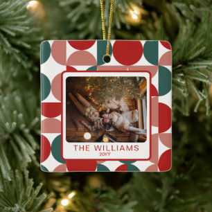 Ornement En Céramique Personnalisé Rouge Noël Motif géométrique 2 Photos