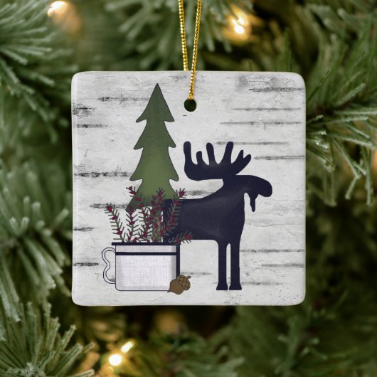Ornement En Céramique Personnalisé Rustic Country Moose Birch Noël (Arbre)